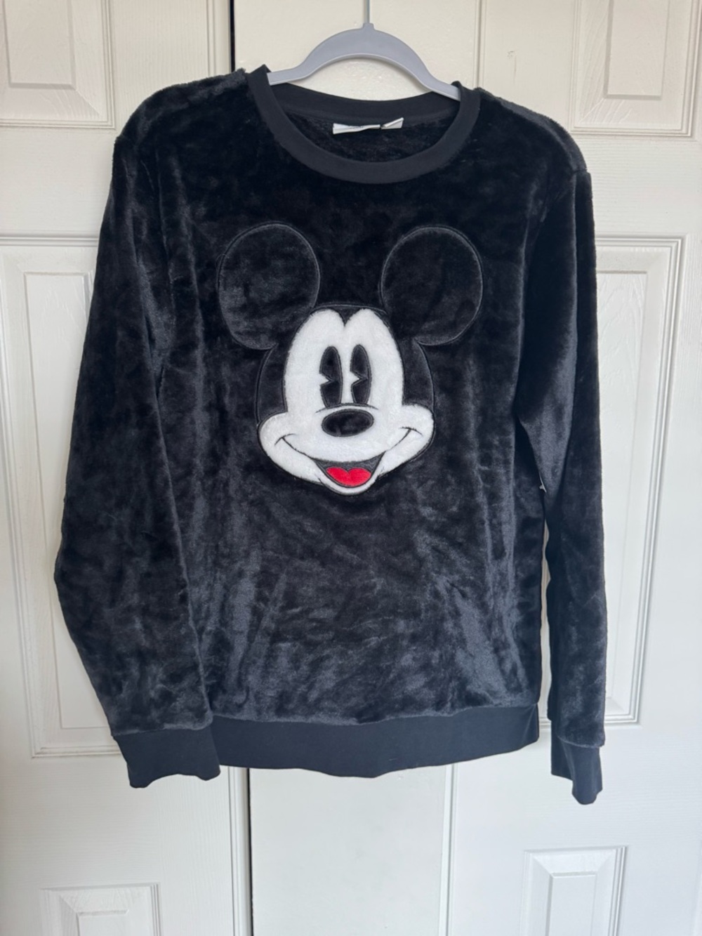 Disney Black Plush Mickey Crewneck Sweater with White & Red Face